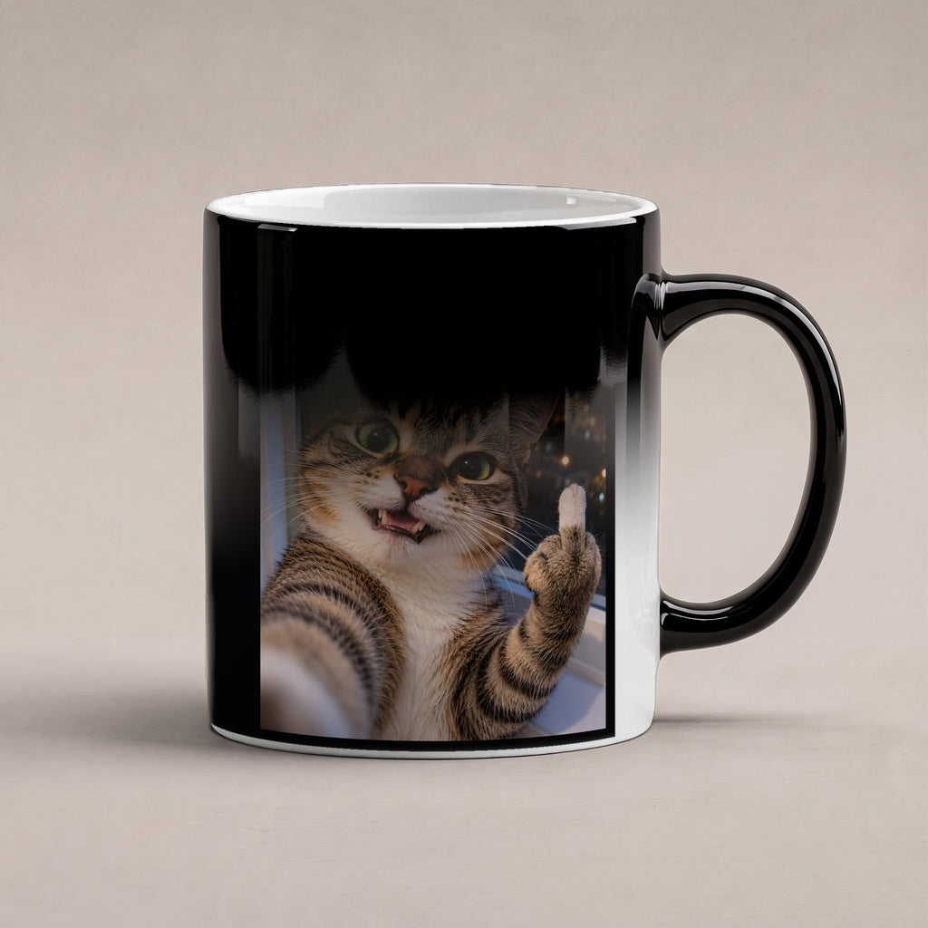 Katze mit Mittelfinger – Tasse mit Spruch. Zaubertasse: Wärmeeffekt. 6 WAERMEEFFEKT. KI-Motiv.