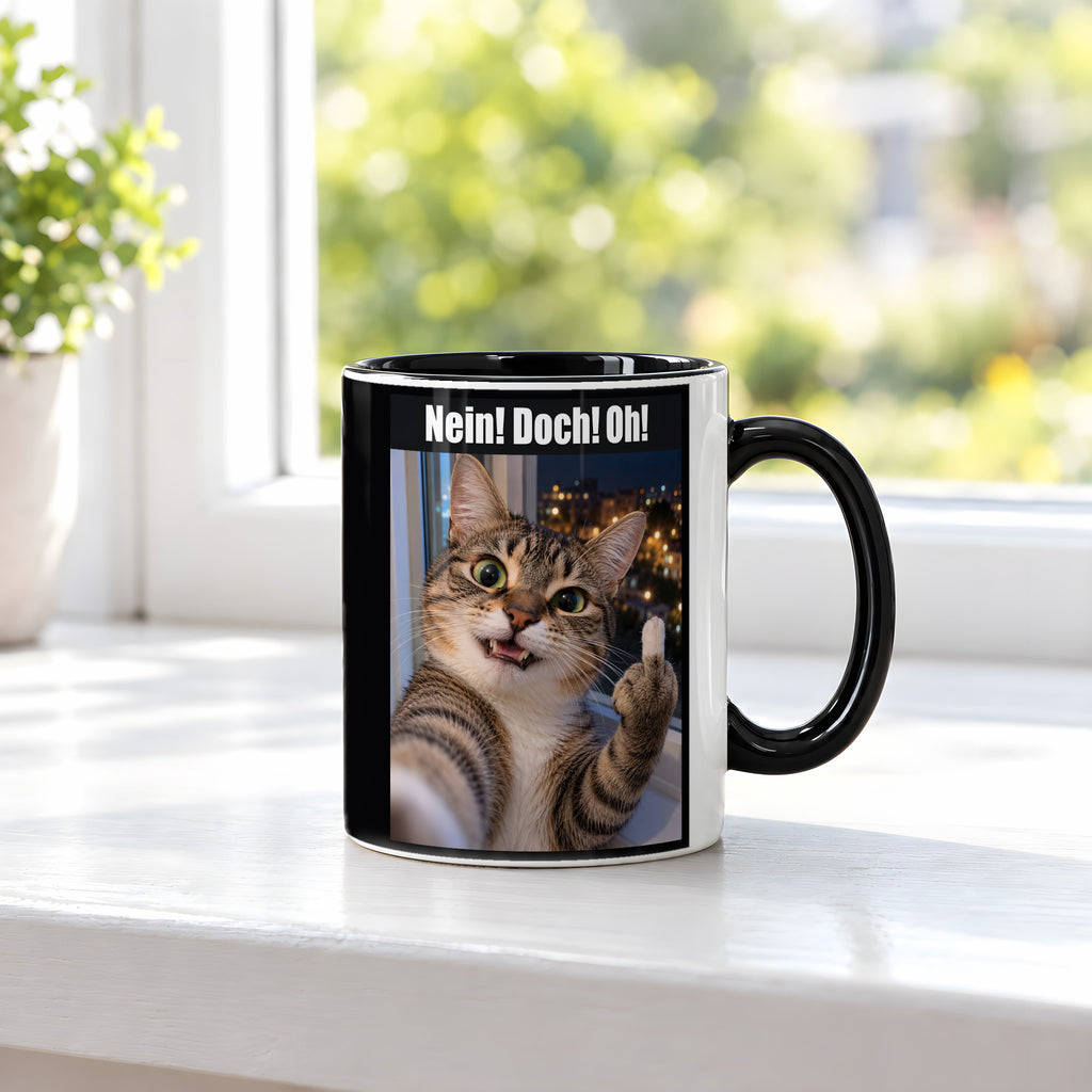 Katze mit Mittelfinger – Tasse mit Spruch. Innen schwarz. 3 FENSTER. KI-Motiv.