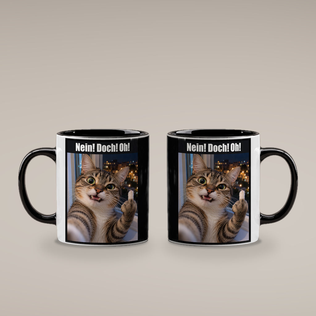 Katze mit Mittelfinger – Tasse mit Spruch. Innen schwarz. 4 BEIDE SEITEN. KI-Motiv.
