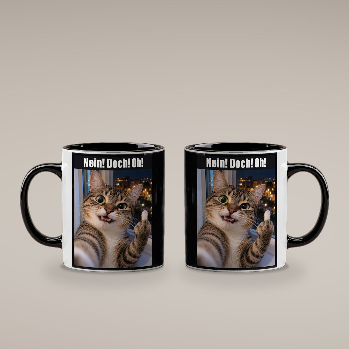 Katze mit Mittelfinger – Tasse mit Spruch. Innen schwarz. 4 BEIDE SEITEN. KI-Motiv.