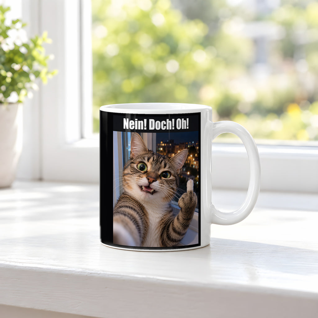Katze mit Mittelfinger – Tasse mit Spruch. Weiß. 3 FENSTER. KI-Motiv.