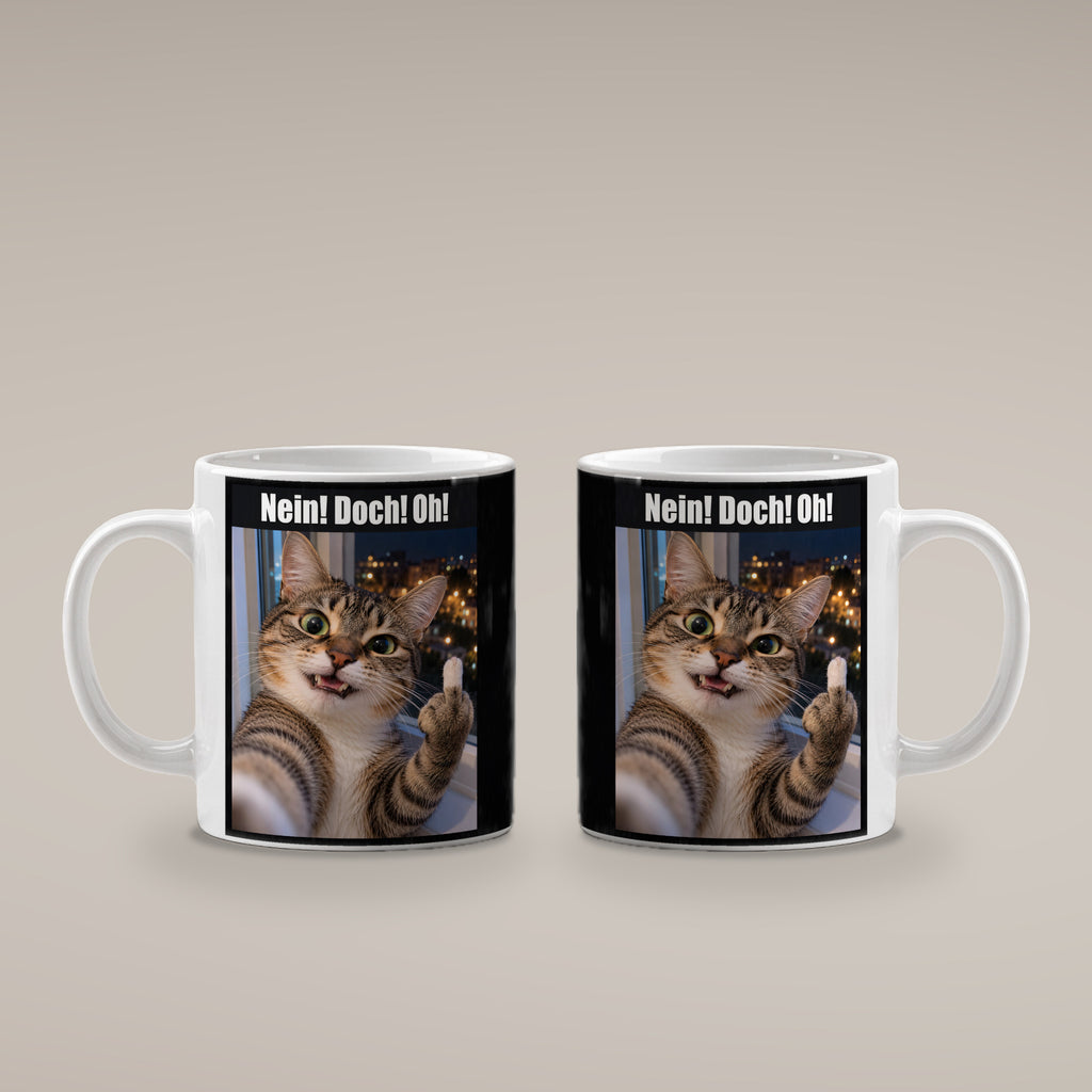 Katze mit Mittelfinger – Tasse mit Spruch. Weiß. 4 BEIDE SEITEN. KI-Motiv.