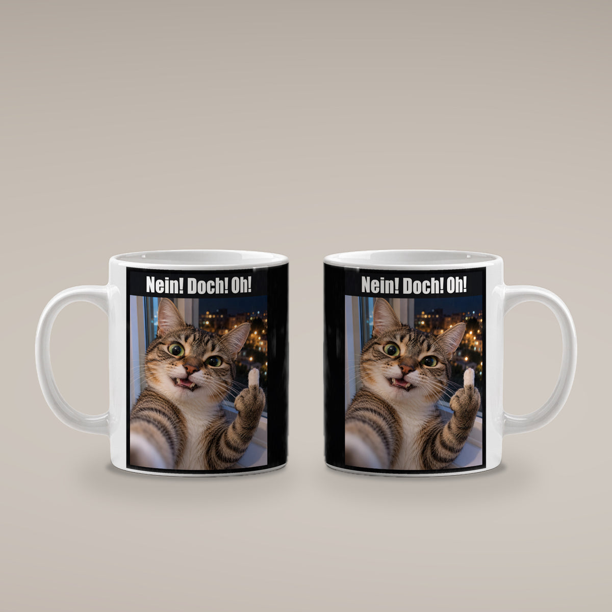 Katze mit Mittelfinger – Tasse mit Spruch. Weiß. 4 BEIDE SEITEN. KI-Motiv.