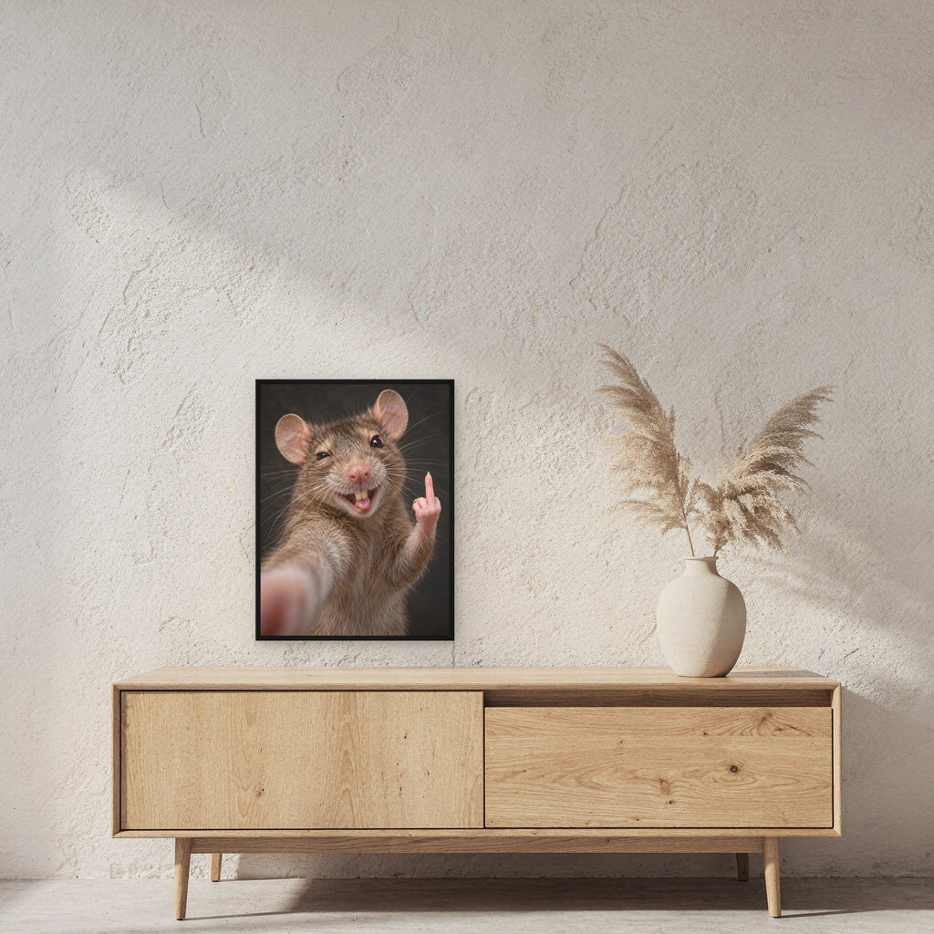 Ratte mit Mittelfinger – Gerahmtes Wandbild. 45×60 cm. 2 RAUM. KI-Motiv.