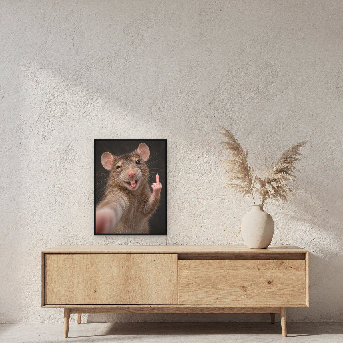 Ratte mit Mittelfinger – Gerahmtes Wandbild. 45×60 cm. 2 RAUM. KI-Motiv.