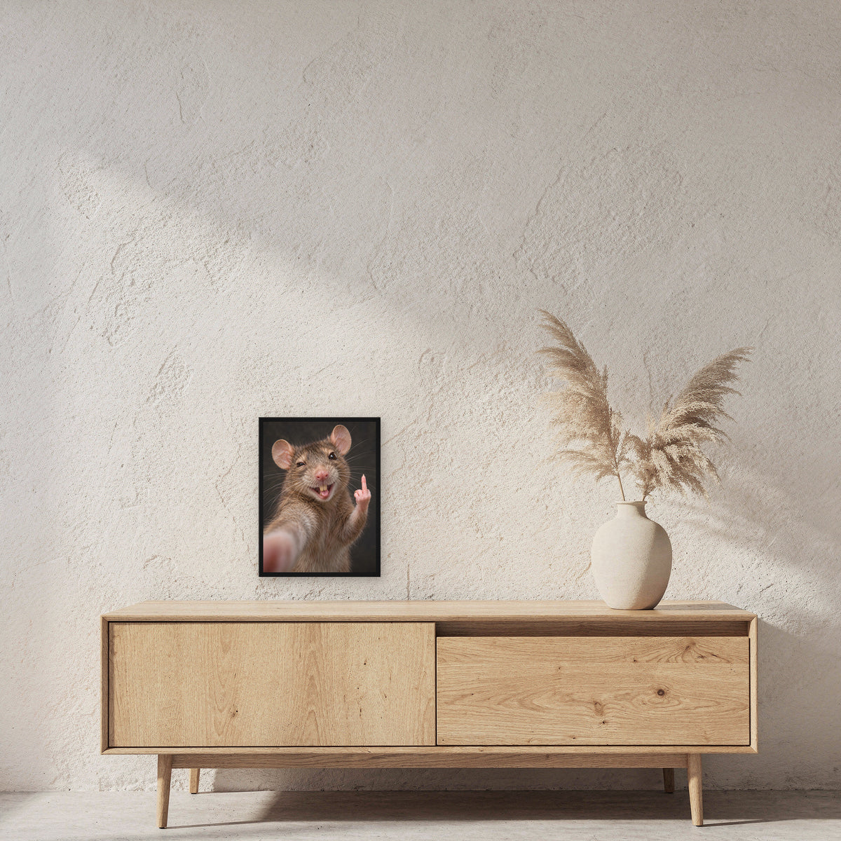 Ratte mit Mittelfinger – Gerahmtes Wandbild. 30×40 cm. 2 RAUM. KI-Motiv.