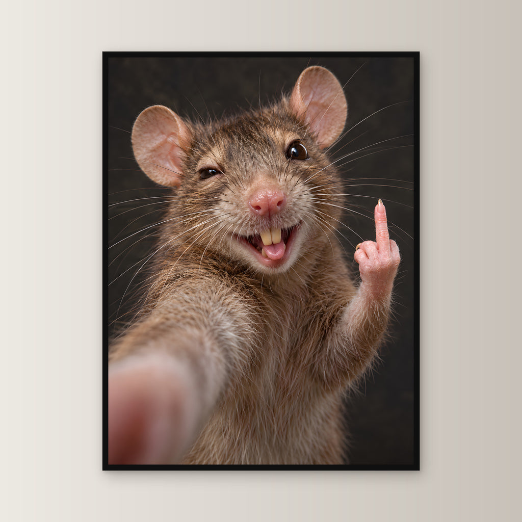 Ratte mit Mittelfinger – Gerahmtes Wandbild. 60×80 cm. 1 FRONTAL. KI-Motiv.