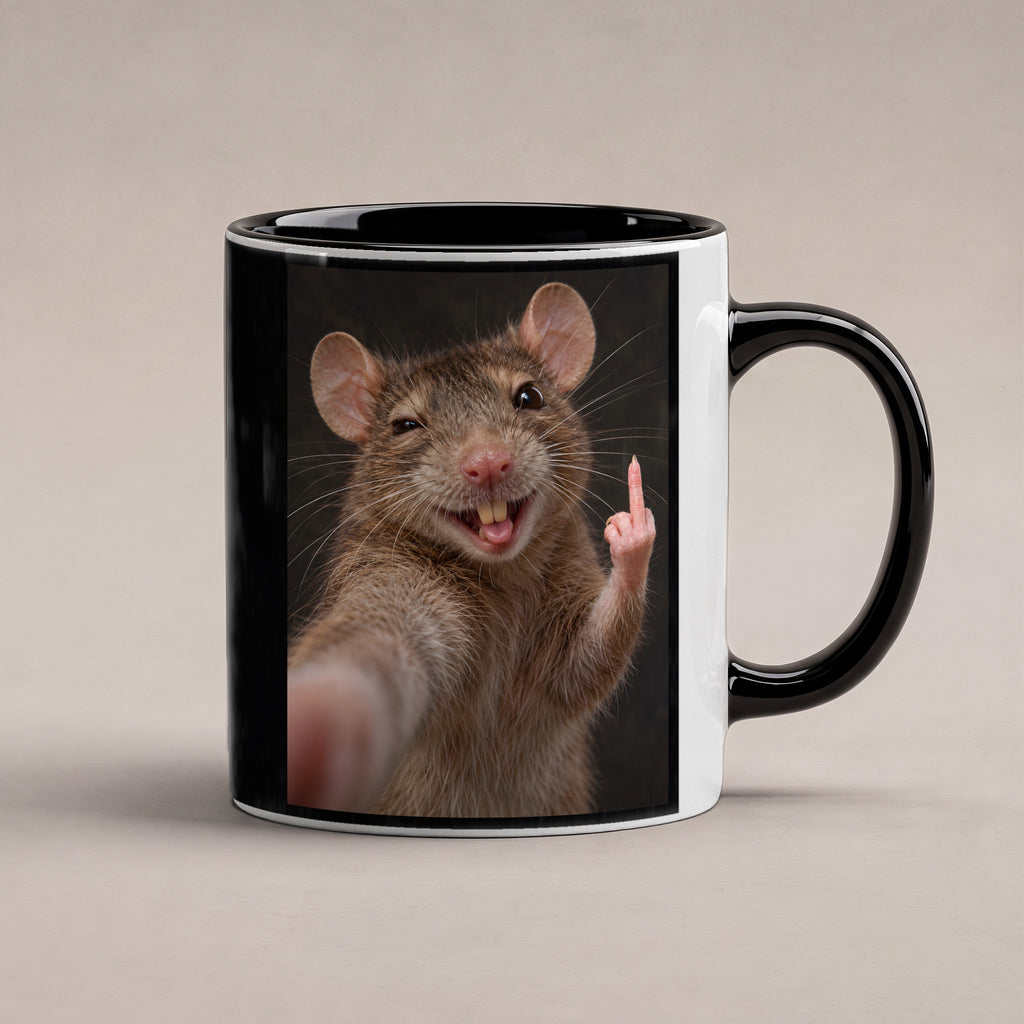Ratte mit Mittelfinger – Tasse. Innen schwarz. 1 STUDIO. KI-Motiv.