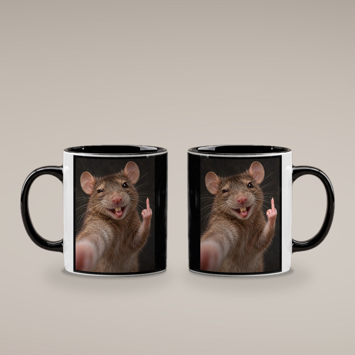 Ratte mit Mittelfinger – Tasse. Innen schwarz. 4 BEIDE SEITEN. KI-Motiv.