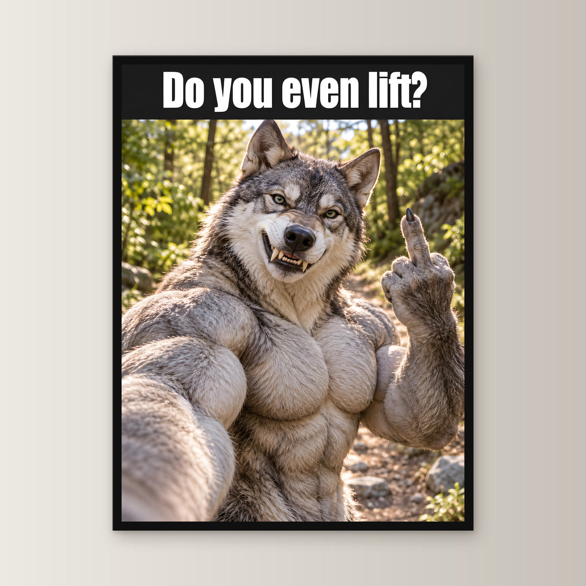 Muskelwolf mit Mittelfinger – Gerahmtes Wandbild mit Spruch. 45×60 cm. 1 FRONTAL. KI-Motiv.