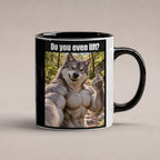 Muskelwolf mit Mittelfinger – Tasse mit Spruch. Innen schwarz. 1 STUDIO. KI-Motiv.