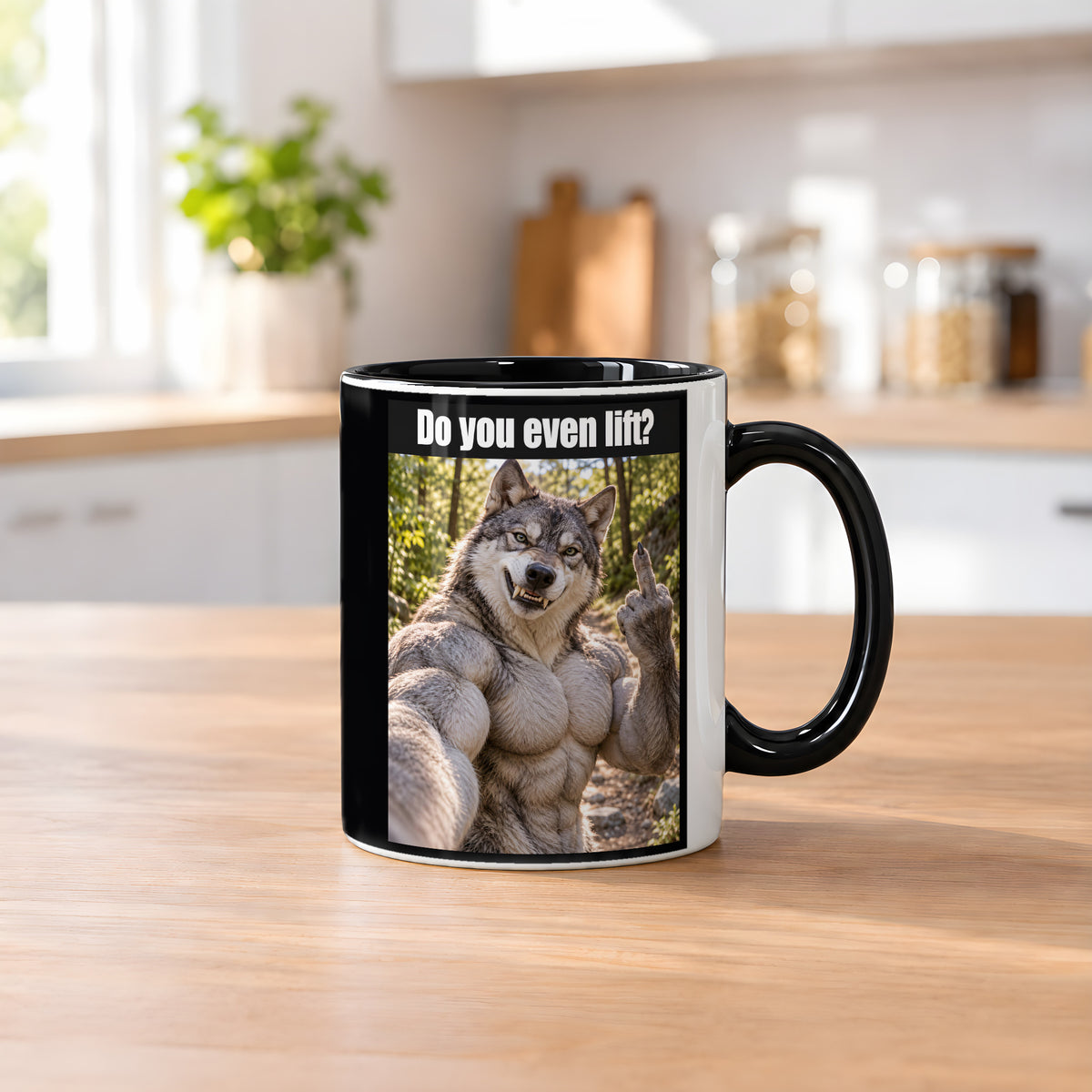 Muskelwolf mit Mittelfinger – Tasse mit Spruch. Innen schwarz. 2 KUECHE. KI-Motiv.