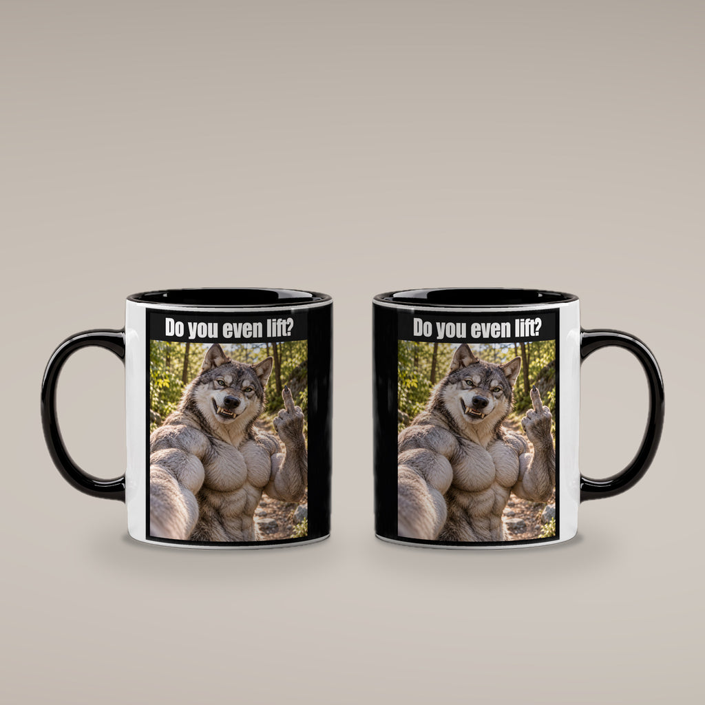 Muskelwolf mit Mittelfinger – Tasse mit Spruch. Innen schwarz. 4 BEIDE SEITEN. KI-Motiv.