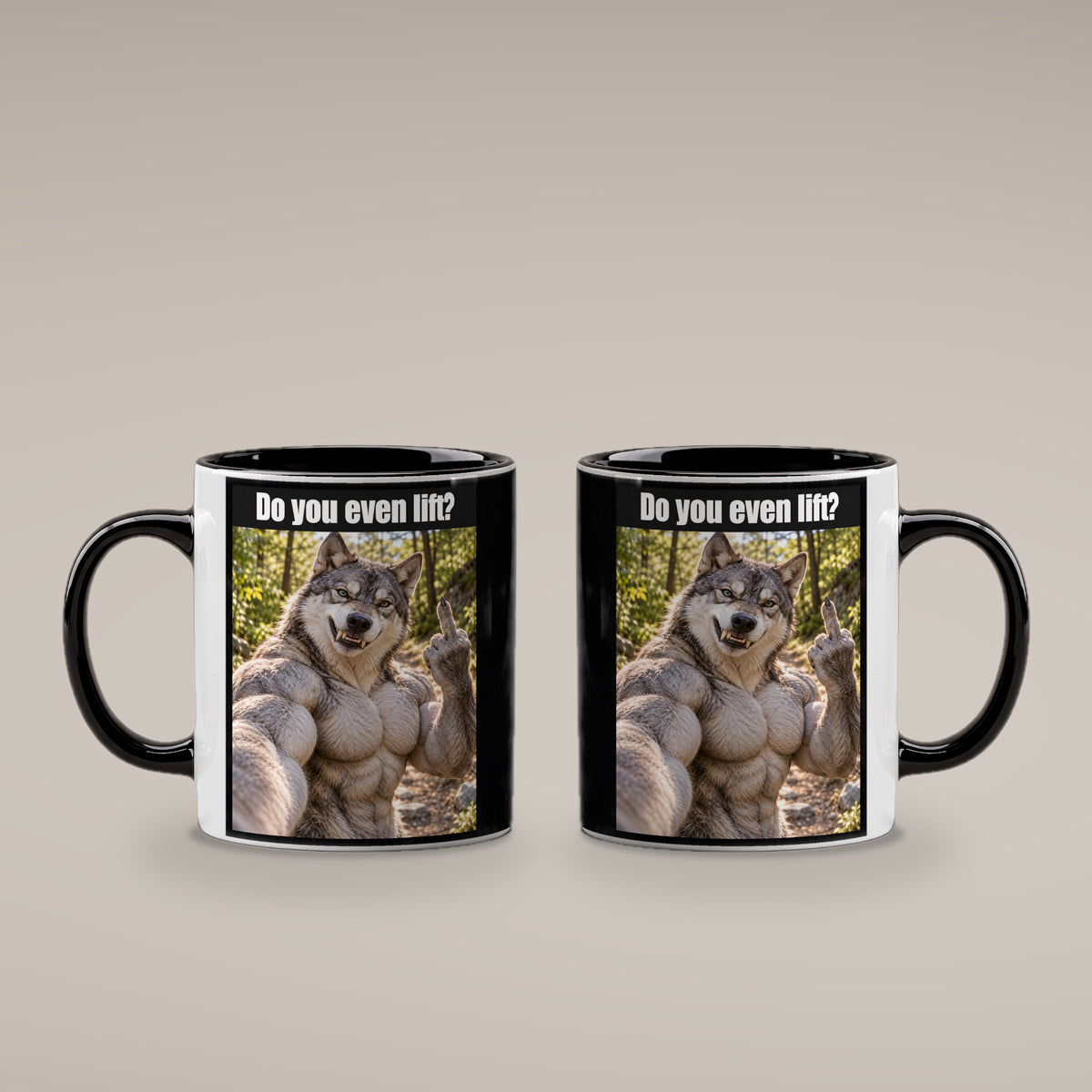 Muskelwolf mit Mittelfinger – Tasse mit Spruch. Innen schwarz. 4 BEIDE SEITEN. KI-Motiv.