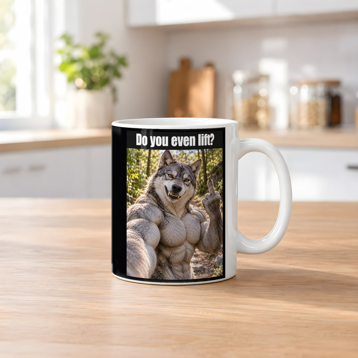 Muskelwolf mit Mittelfinger – Tasse mit Spruch. Weiß. 2 KUECHE. KI-Motiv.