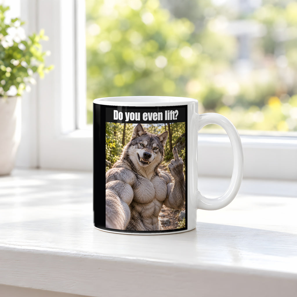 Muskelwolf mit Mittelfinger – Tasse mit Spruch. Weiß. 3 FENSTER. KI-Motiv.