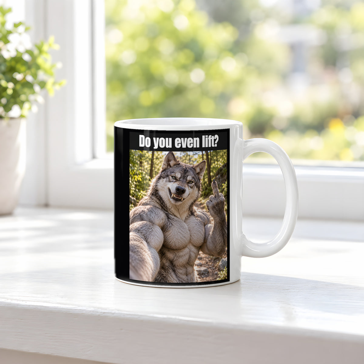 Muskelwolf mit Mittelfinger – Tasse mit Spruch. Weiß. 3 FENSTER. KI-Motiv.