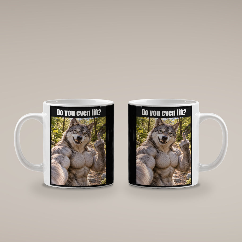 Muskelwolf mit Mittelfinger – Tasse mit Spruch. Weiß. 4 BEIDE SEITEN. KI-Motiv.
