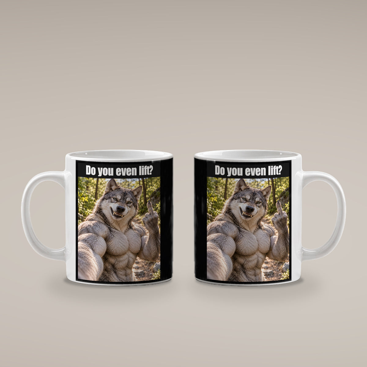 Muskelwolf mit Mittelfinger – Tasse mit Spruch. Weiß. 4 BEIDE SEITEN. KI-Motiv.
