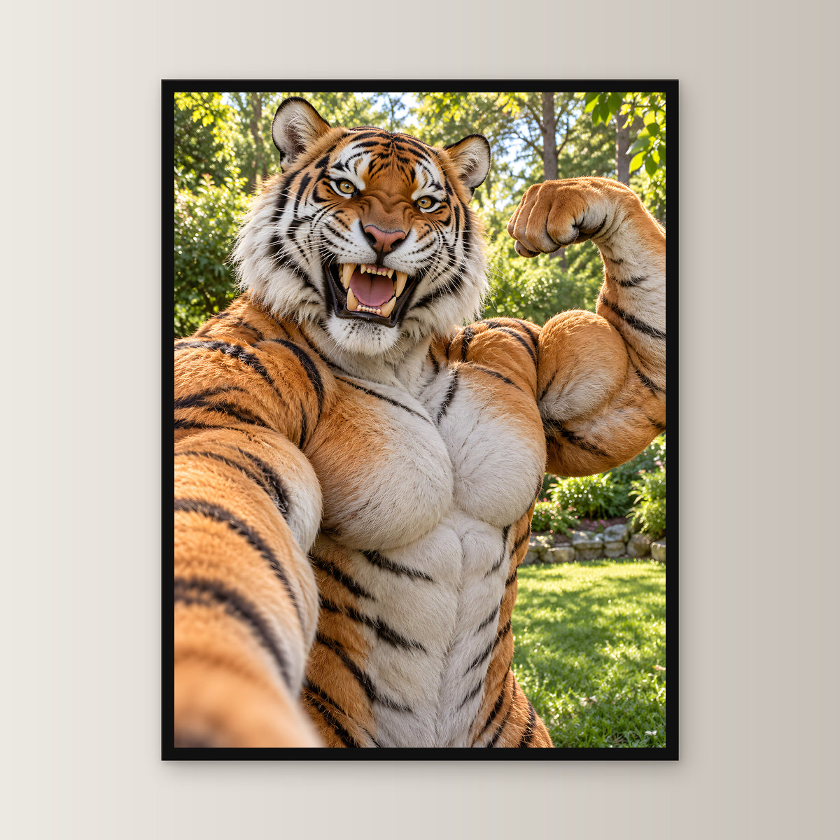 Tiger mit Muskelpose – Gerahmtes Wandbild. 45×60 cm. 1 FRONTAL. KI-Motiv.