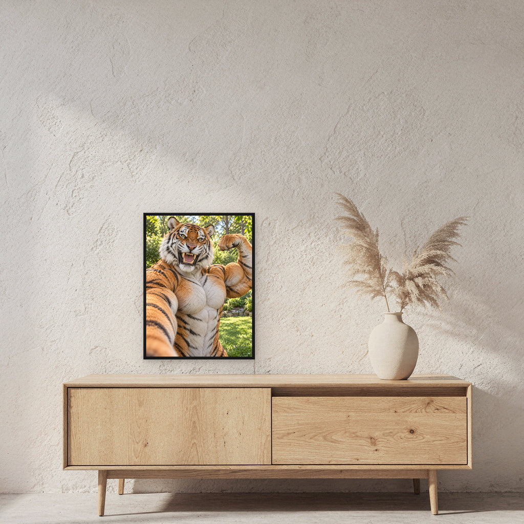 Tiger mit Muskelpose – Gerahmtes Wandbild. 45×60 cm. 2 RAUM. KI-Motiv.