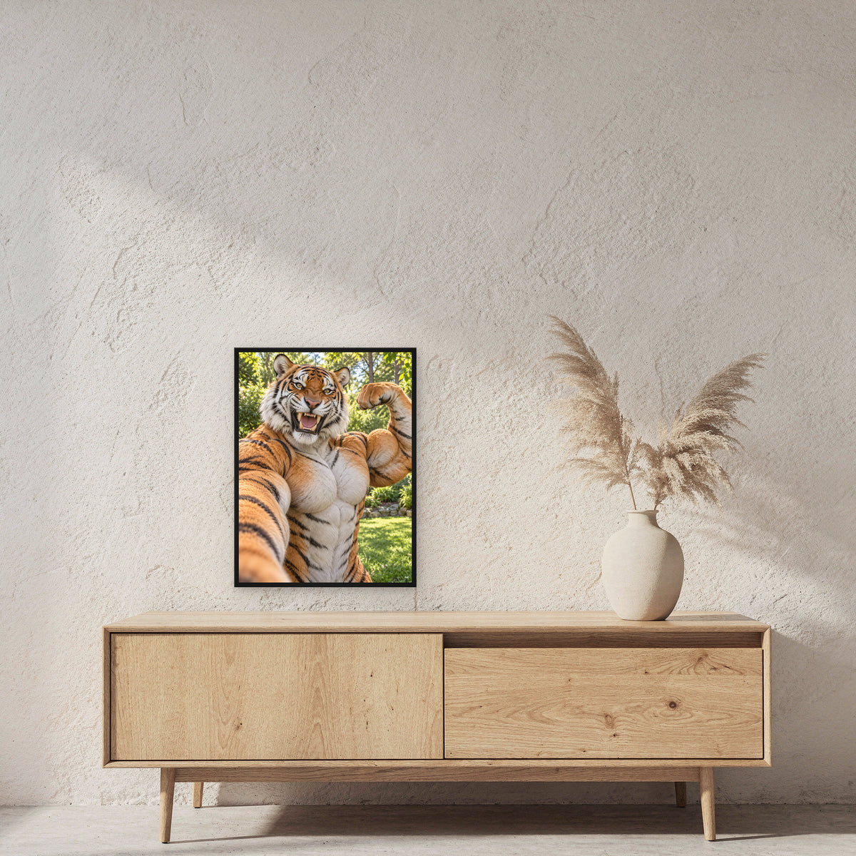 Tiger mit Muskelpose – Gerahmtes Wandbild. 45×60 cm. 2 RAUM. KI-Motiv.
