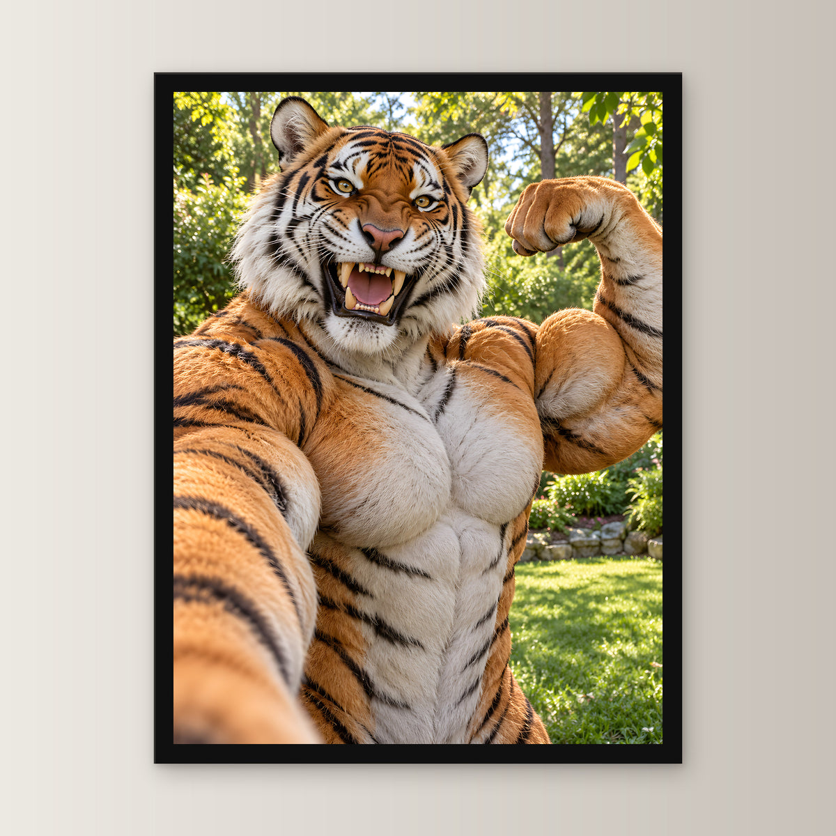 Tiger mit Muskelpose – Gerahmtes Wandbild. 30×40 cm. 1 FRONTAL. KI-Motiv.