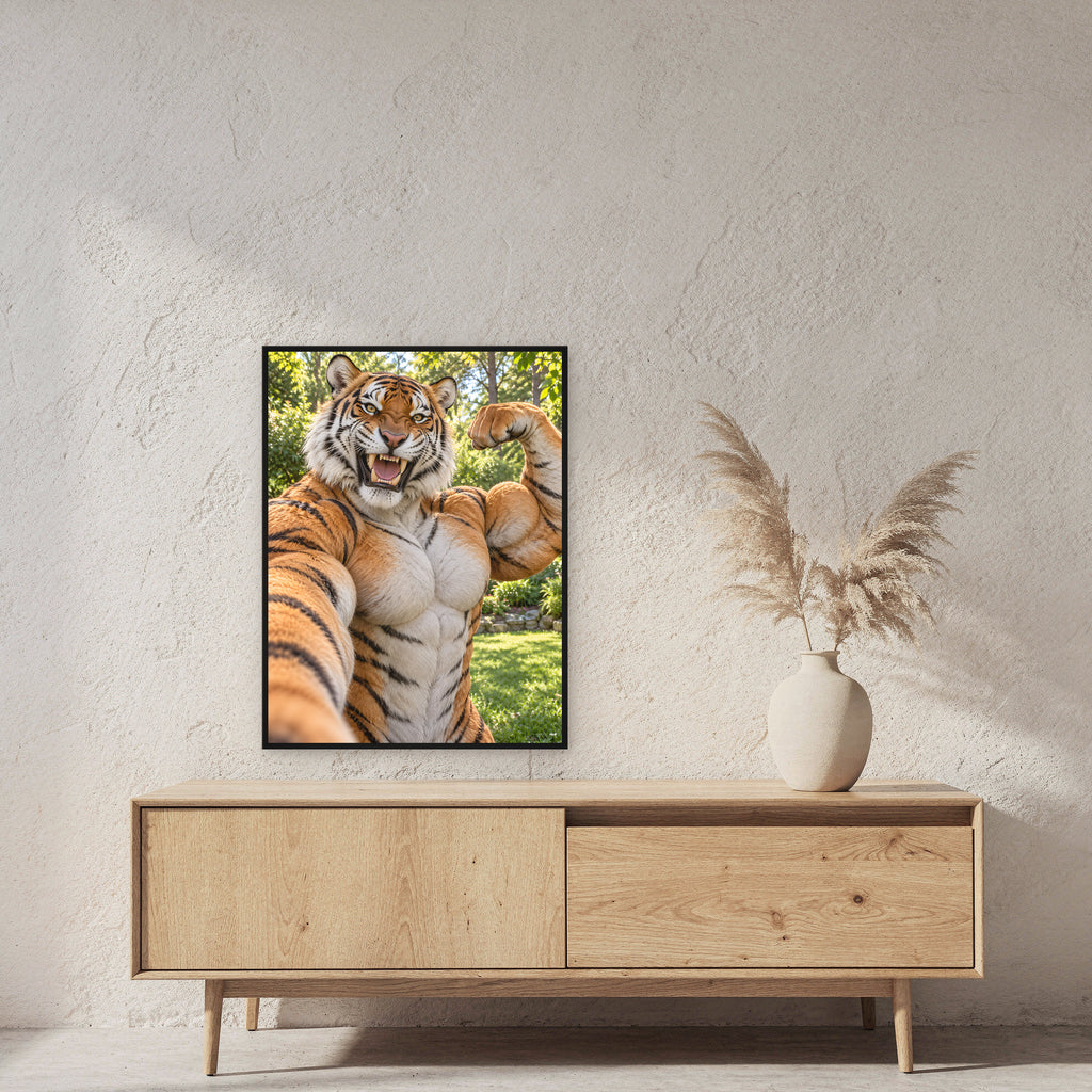 Tiger mit Muskelpose – Gerahmtes Wandbild. 60×80 cm. 2 RAUM. KI-Motiv.
