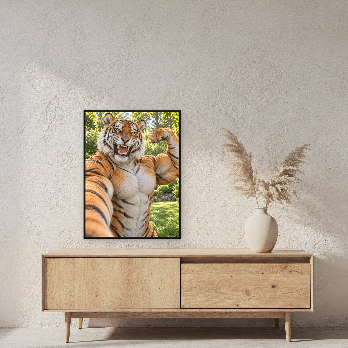 Tiger mit Muskelpose – Gerahmtes Wandbild. 60×80 cm. 2 RAUM. KI-Motiv.