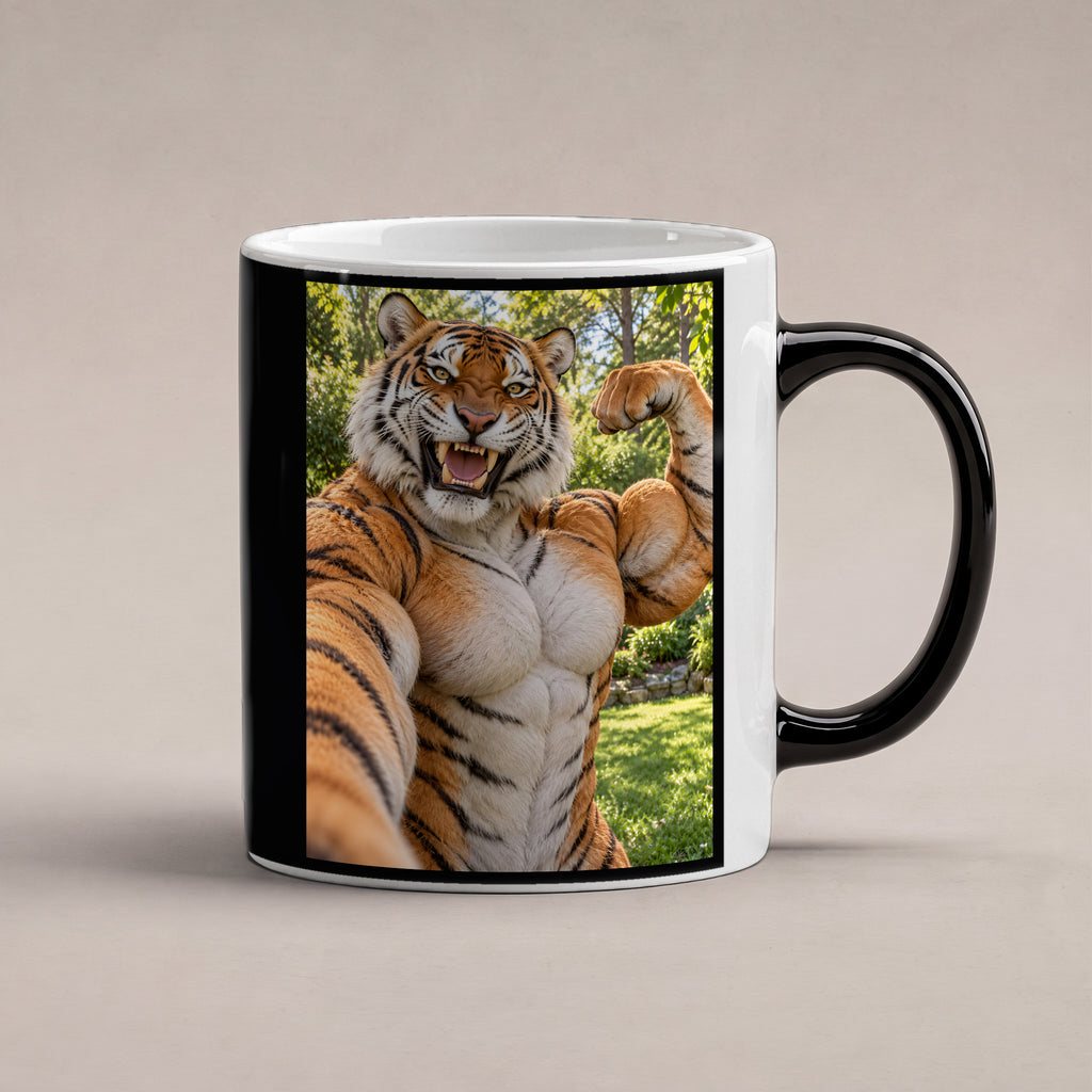 Tiger mit Muskelpose – Tasse. Zaubertasse: Wärmeeffekt. 1 STUDIO HEISS. KI-Motiv.