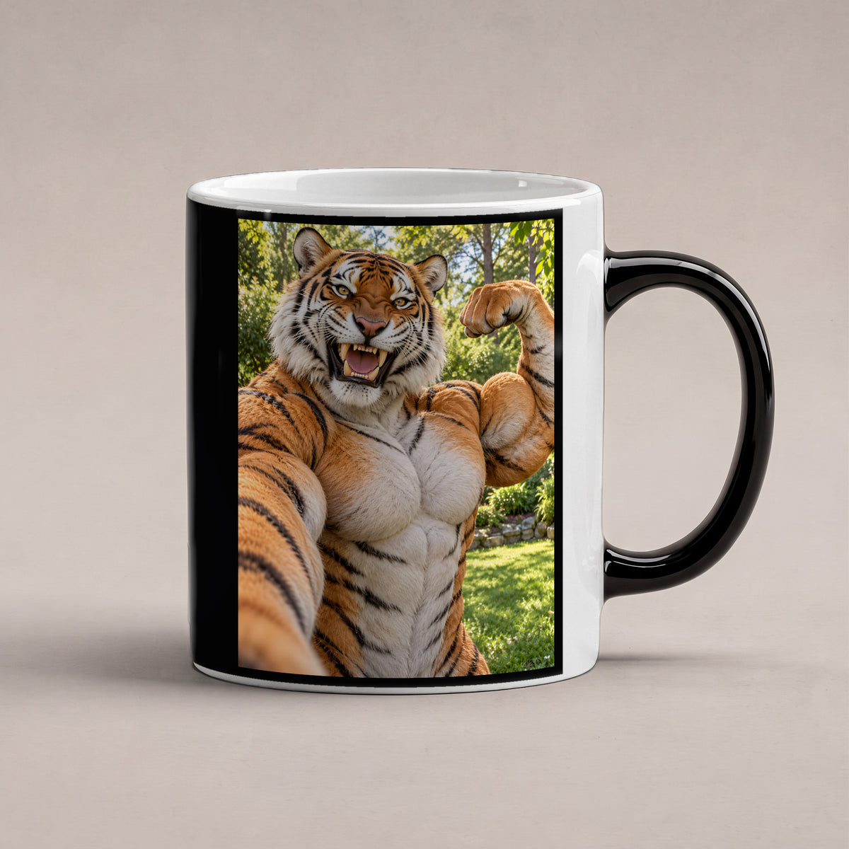 Tiger mit Muskelpose – Tasse. Zaubertasse: Wärmeeffekt. 1 STUDIO HEISS. KI-Motiv.