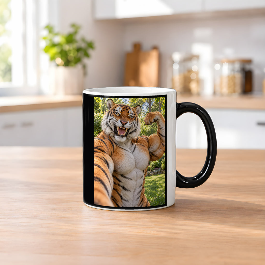 Tiger mit Muskelpose – Tasse. Zaubertasse: Wärmeeffekt. 2 KUECHE HEISS. KI-Motiv.