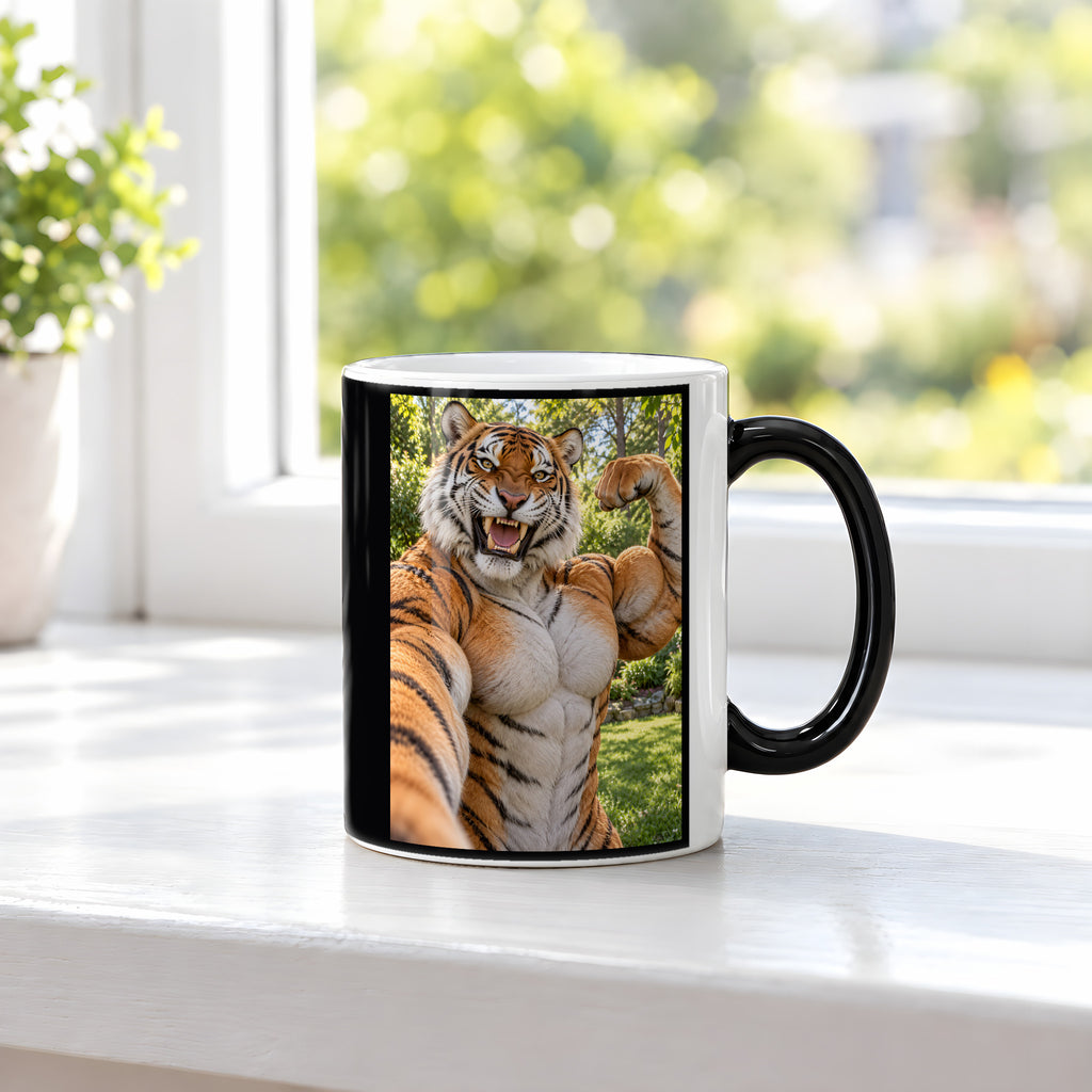 Tiger mit Muskelpose – Tasse. Zaubertasse: Wärmeeffekt. 3 FENSTER HEISS. KI-Motiv.