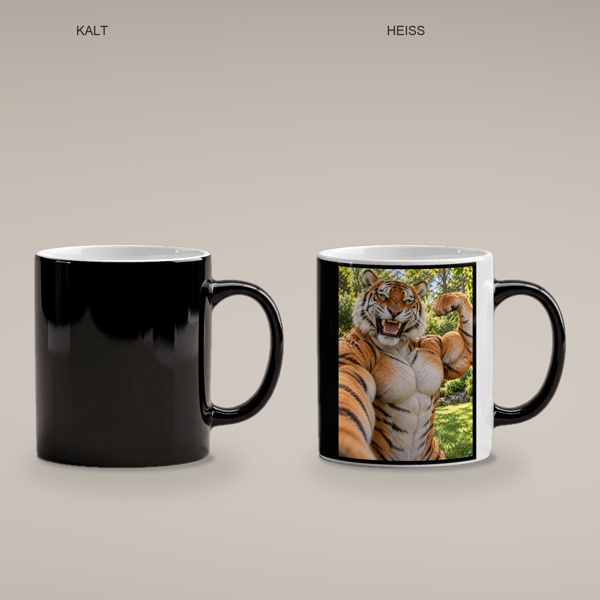 Tiger mit Muskelpose – Tasse. Zaubertasse: Wärmeeffekt. 4 KALT HEISS. KI-Motiv.