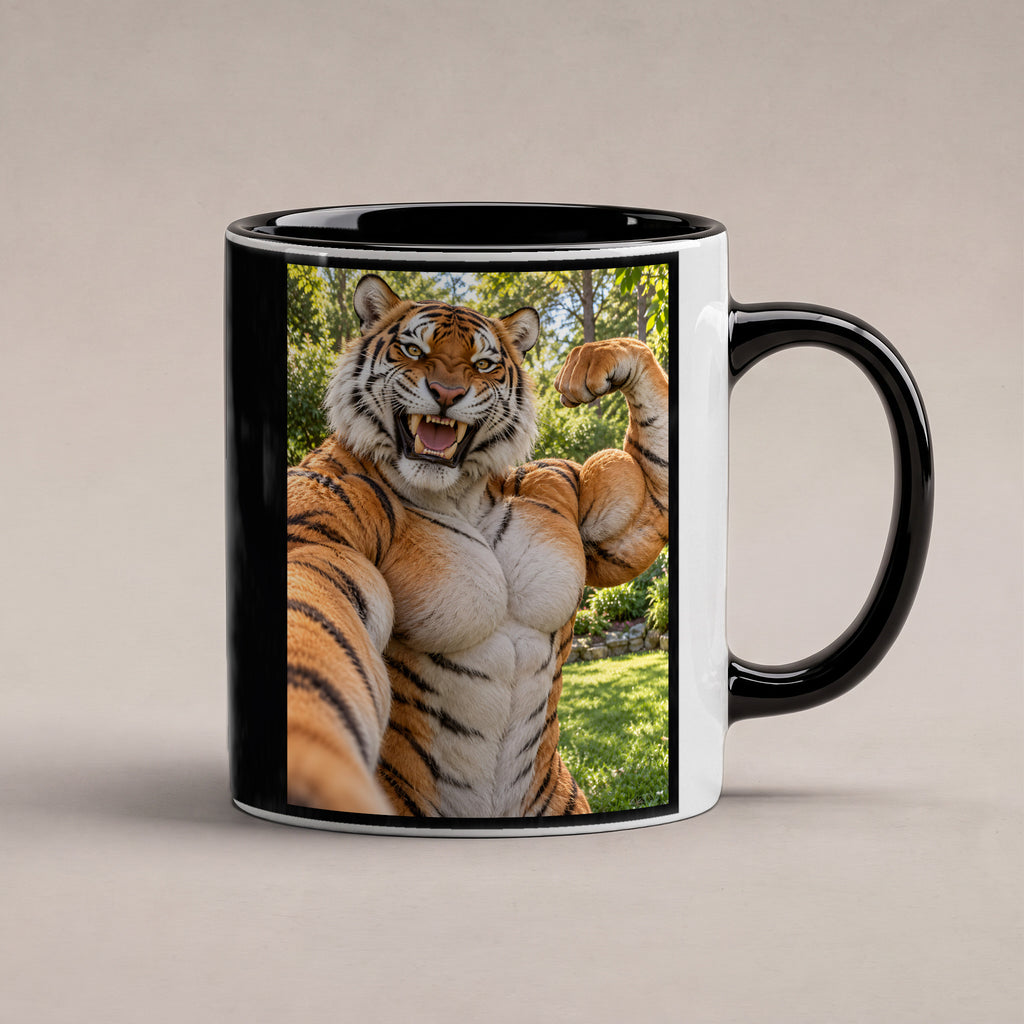 Tiger mit Muskelpose – Tasse. Innen schwarz. 1 STUDIO. KI-Motiv.
