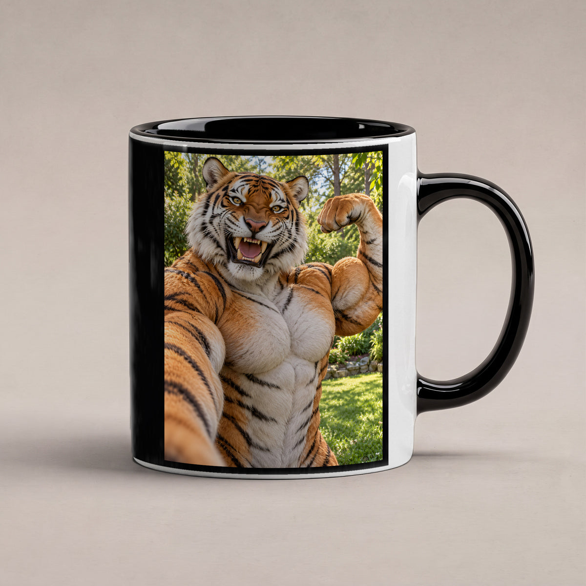 Tiger mit Muskelpose – Tasse. Innen schwarz. 1 STUDIO. KI-Motiv.