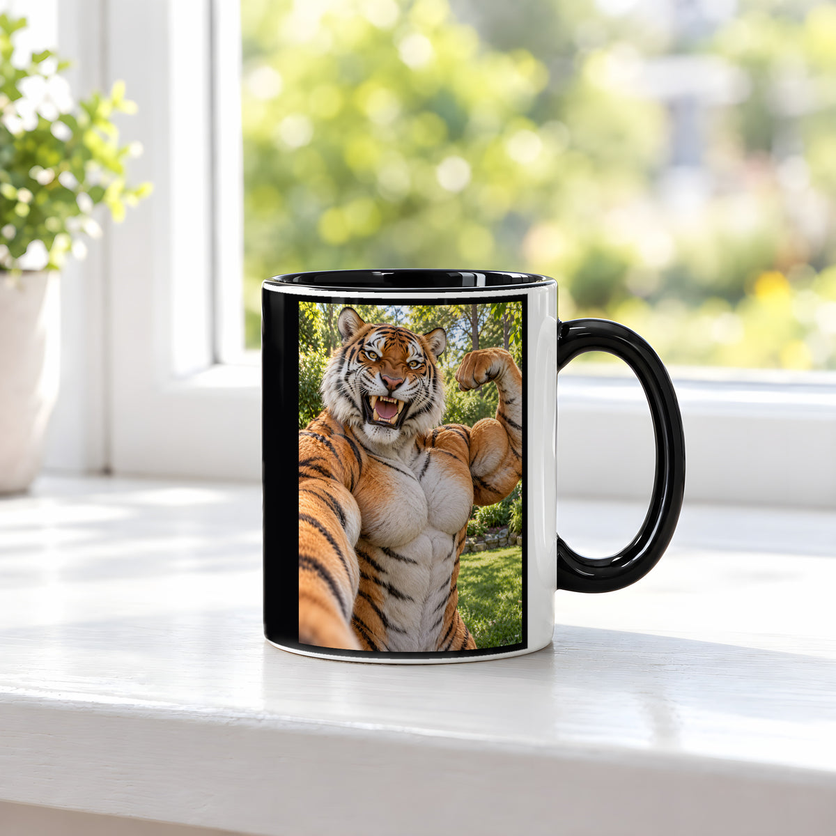 Tiger mit Muskelpose – Tasse. Innen schwarz. 3 FENSTER. KI-Motiv.