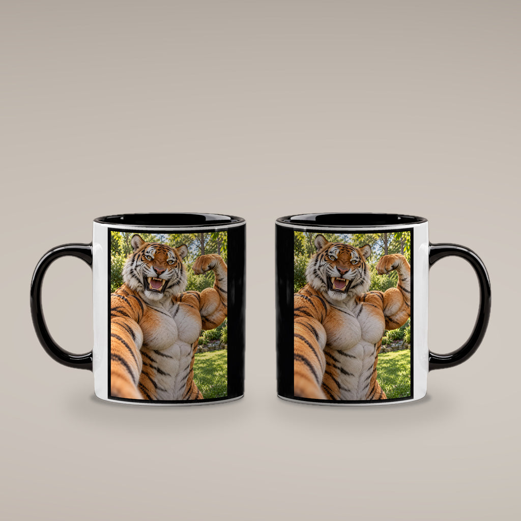 Tiger mit Muskelpose – Tasse. Innen schwarz. 4 BEIDE SEITEN. KI-Motiv.