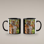 Tiger mit Muskelpose – Tasse. Innen schwarz. 4 BEIDE SEITEN. KI-Motiv.