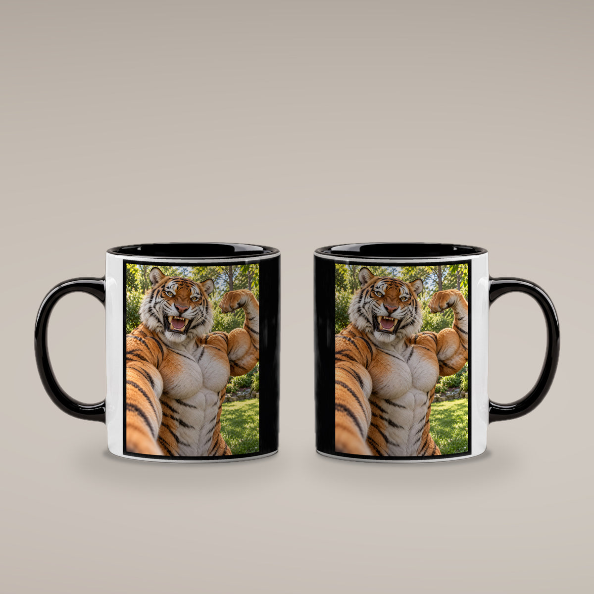 Tiger mit Muskelpose – Tasse. Innen schwarz. 4 BEIDE SEITEN. KI-Motiv.
