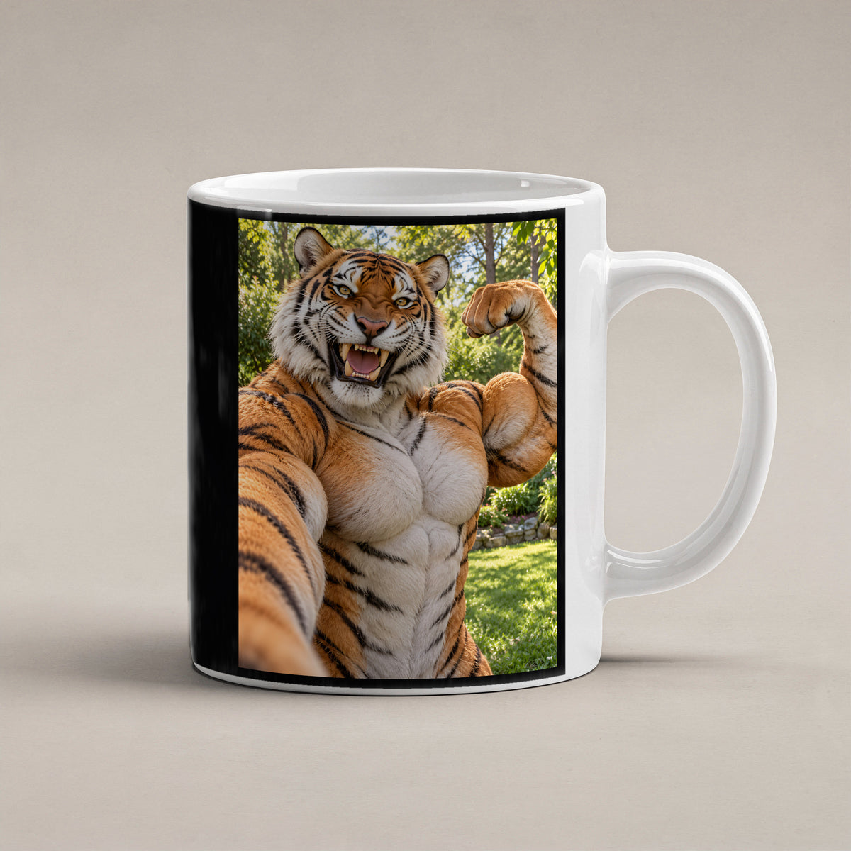 Tiger mit Muskelpose – Tasse. Weiß. 1 STUDIO. KI-Motiv.