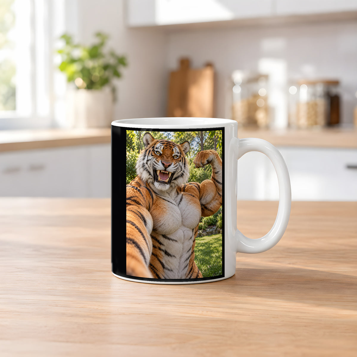 Tiger mit Muskelpose – Tasse. Weiß. 2 KUECHE. KI-Motiv.