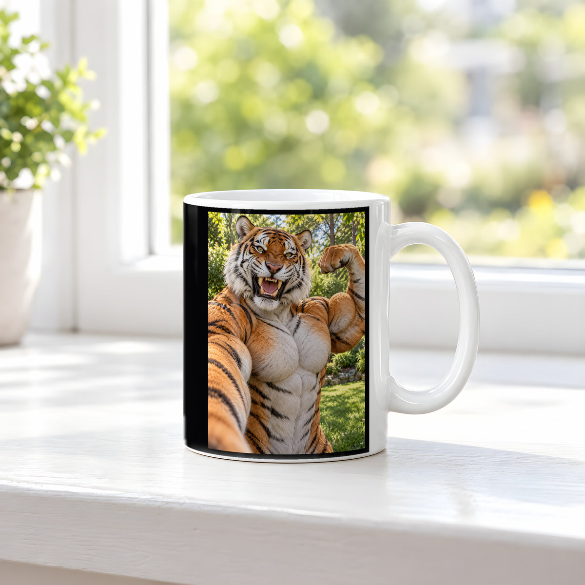 Tiger mit Muskelpose – Tasse. Weiß. 3 FENSTER. KI-Motiv.