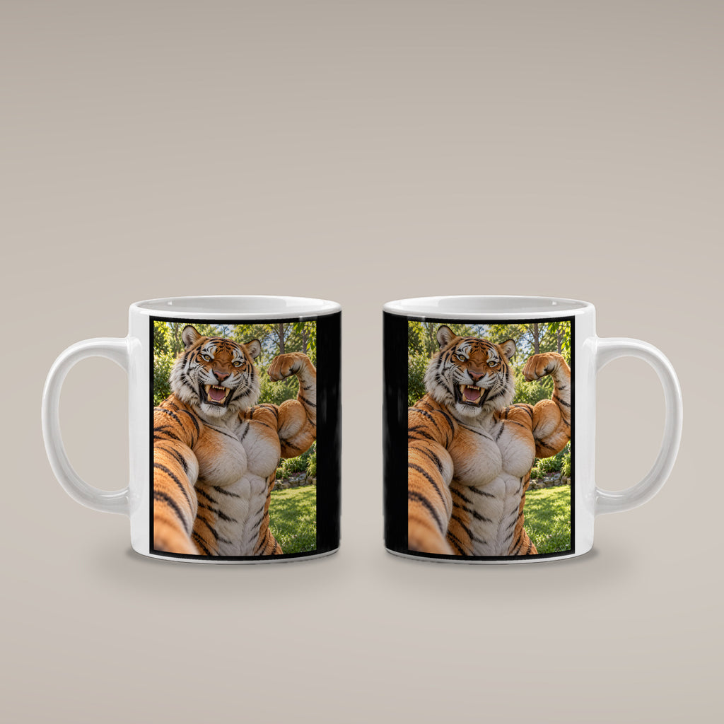 Tiger mit Muskelpose – Tasse. Weiß. 4 BEIDE SEITEN. KI-Motiv.