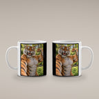 Tiger mit Muskelpose – Tasse. Weiß. 4 BEIDE SEITEN. KI-Motiv.