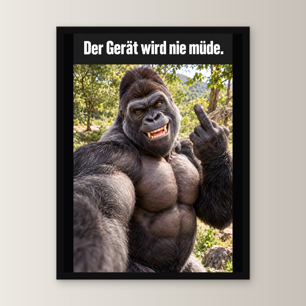 Muskelgorilla mit Mittelfinger – Gerahmtes Wandbild mit Spruch. 30×40 cm. 1 FRONTAL. KI-Motiv.