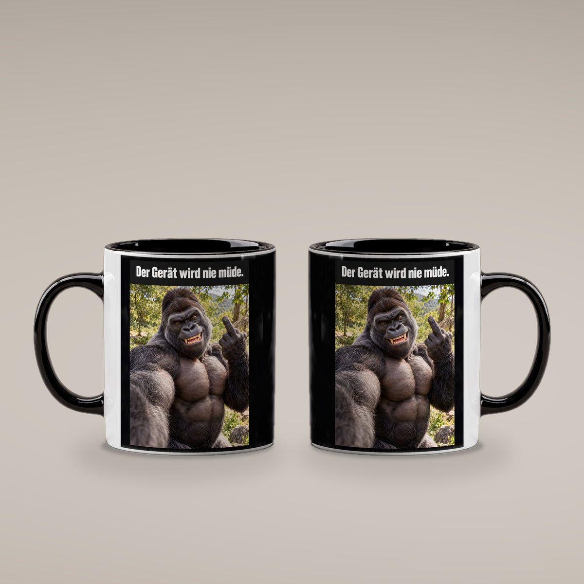 Muskelgorilla mit Mittelfinger – Tasse mit Spruch. Innen schwarz. 4 BEIDE SEITEN. KI-Motiv.