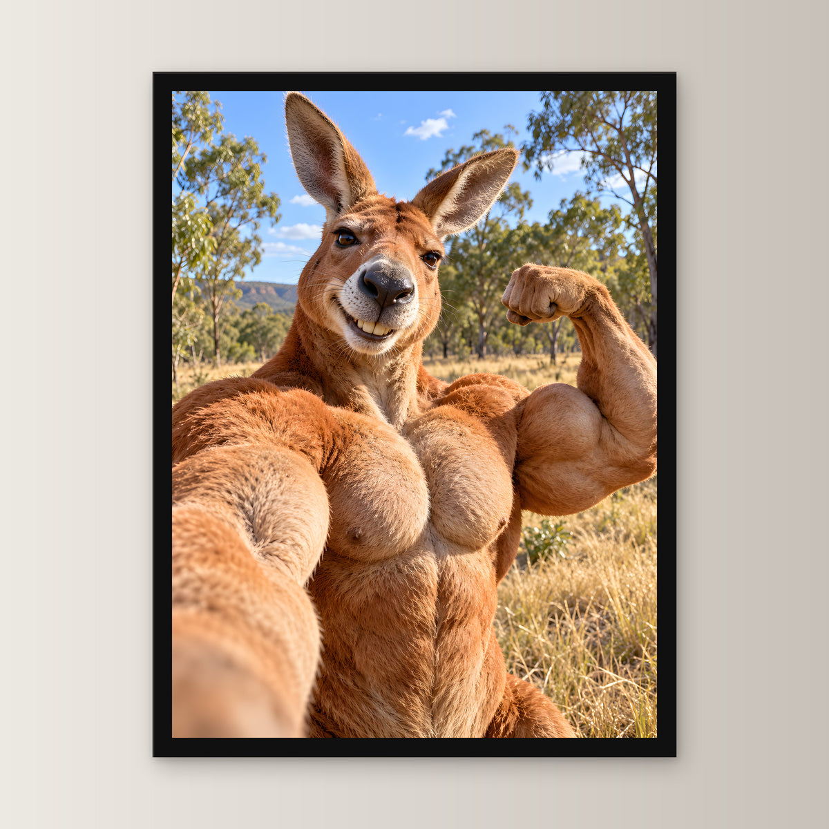 Känguru mit Muskelpose – Gerahmtes Wandbild. 30×40 cm. 1 FRONTAL. KI-Motiv.