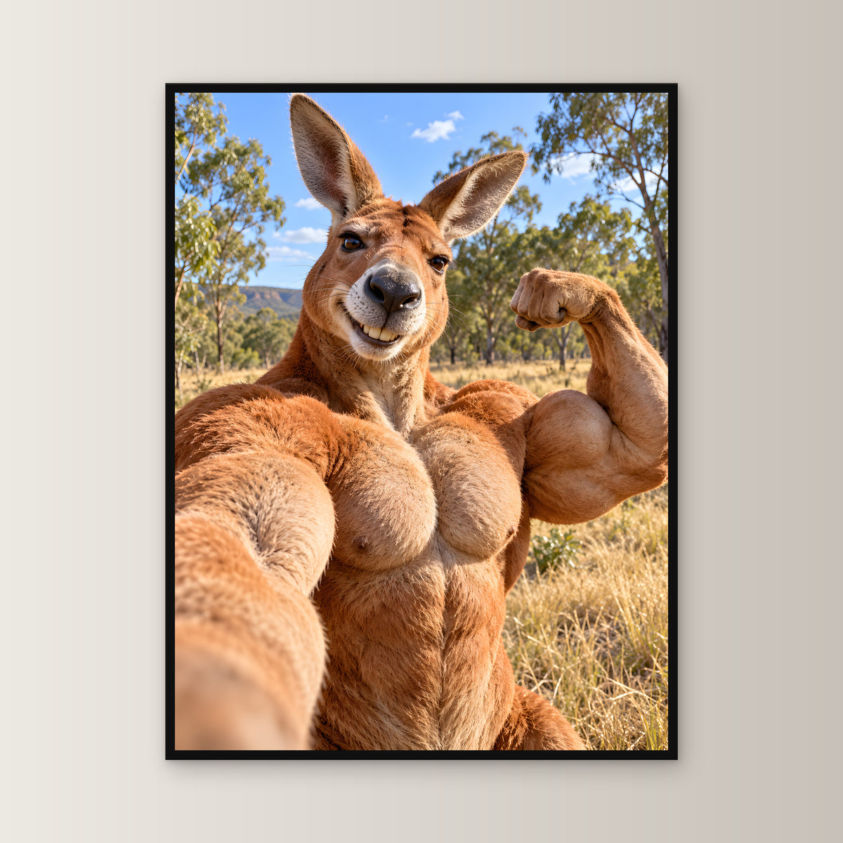 Känguru mit Muskelpose – Gerahmtes Wandbild. 60×80 cm. 1 FRONTAL. KI-Motiv.