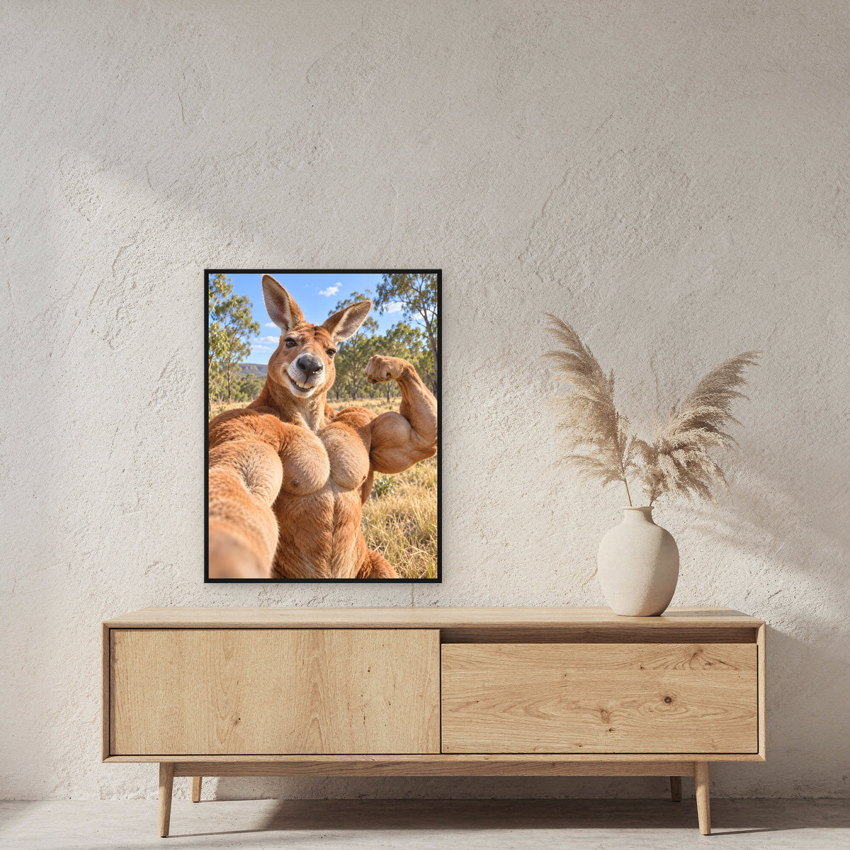 Känguru mit Muskelpose – Gerahmtes Wandbild. 60×80 cm. 2 RAUM. KI-Motiv.